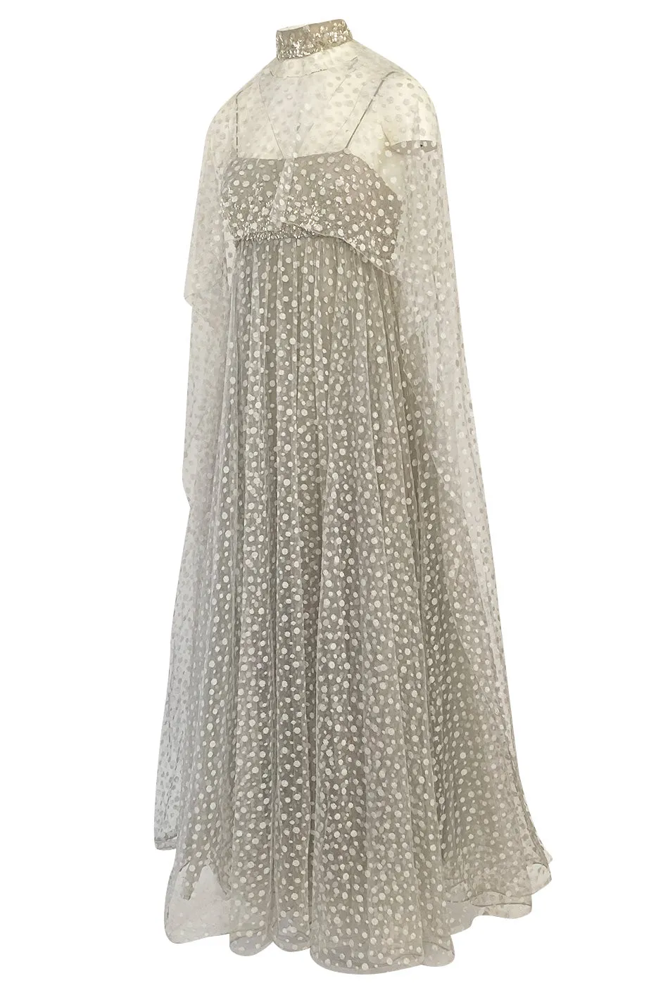 1970s Unlabeled Alfred Bosand Sequin Bodice Dotted Silk Net Dress W Matching Cape Overlay