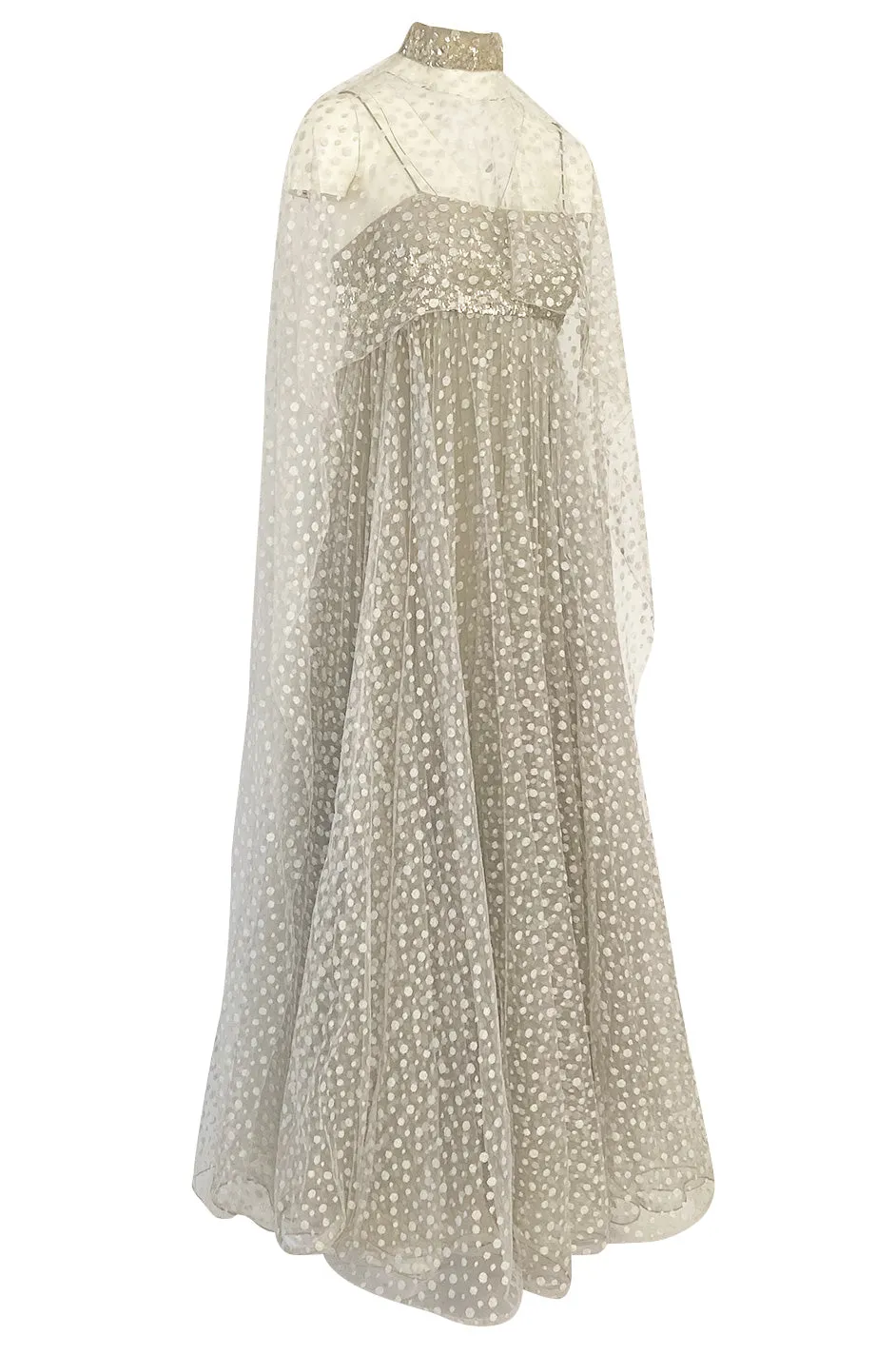 1970s Unlabeled Alfred Bosand Sequin Bodice Dotted Silk Net Dress W Matching Cape Overlay