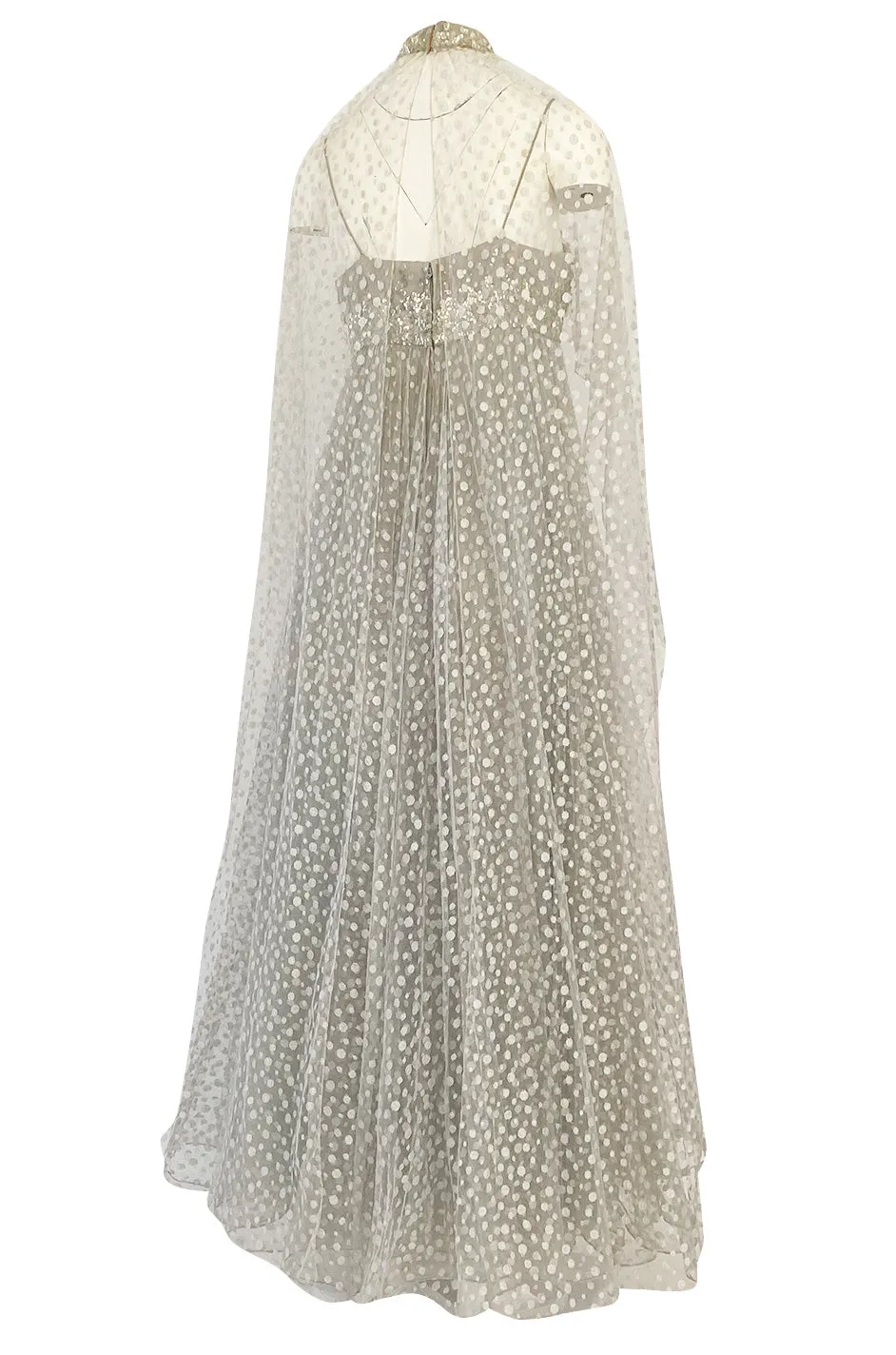 1970s Unlabeled Alfred Bosand Sequin Bodice Dotted Silk Net Dress W Matching Cape Overlay