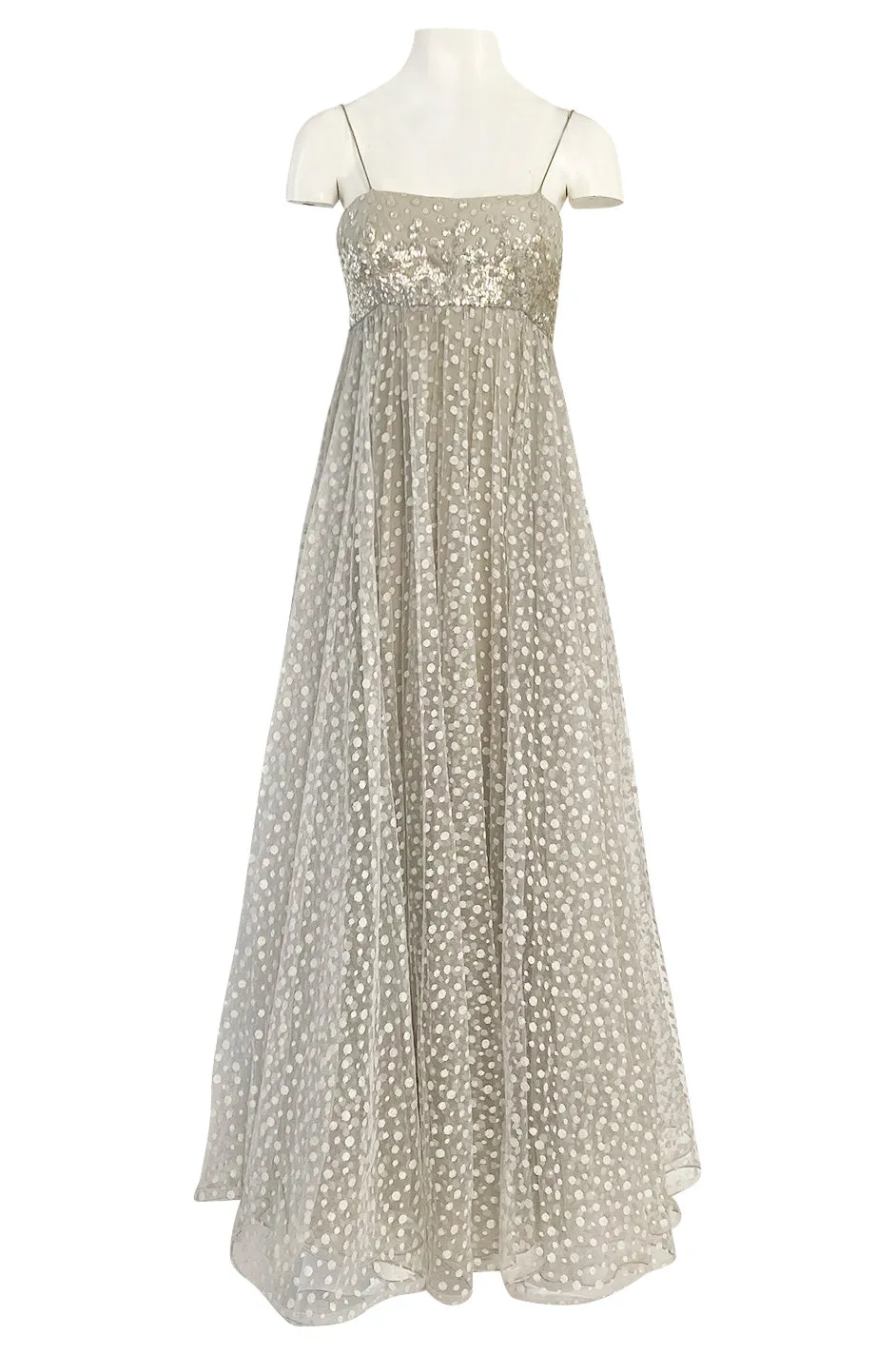 1970s Unlabeled Alfred Bosand Sequin Bodice Dotted Silk Net Dress W Matching Cape Overlay