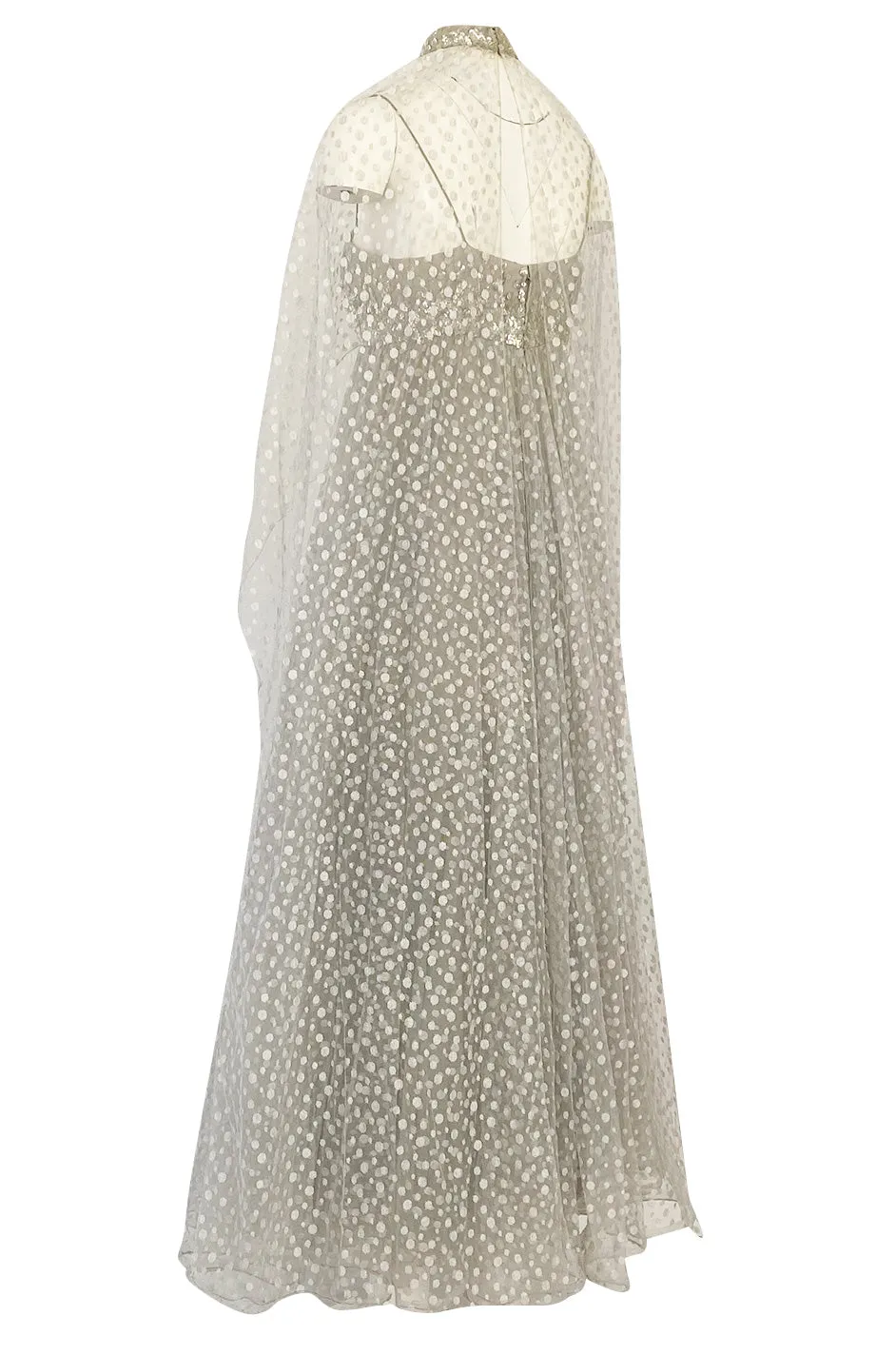 1970s Unlabeled Alfred Bosand Sequin Bodice Dotted Silk Net Dress W Matching Cape Overlay