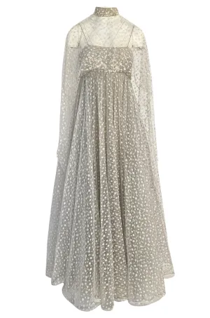 1970s Unlabeled Alfred Bosand Sequin Bodice Dotted Silk Net Dress W Matching Cape Overlay
