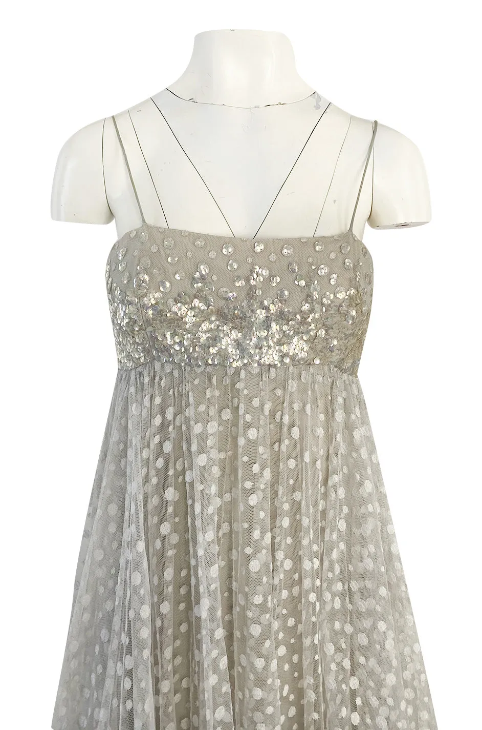 1970s Unlabeled Alfred Bosand Sequin Bodice Dotted Silk Net Dress W Matching Cape Overlay