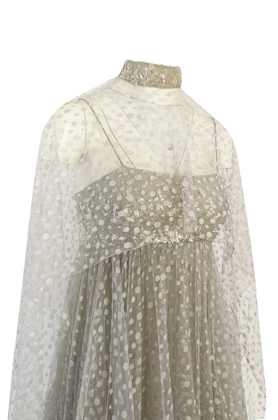 1970s Unlabeled Alfred Bosand Sequin Bodice Dotted Silk Net Dress W Matching Cape Overlay