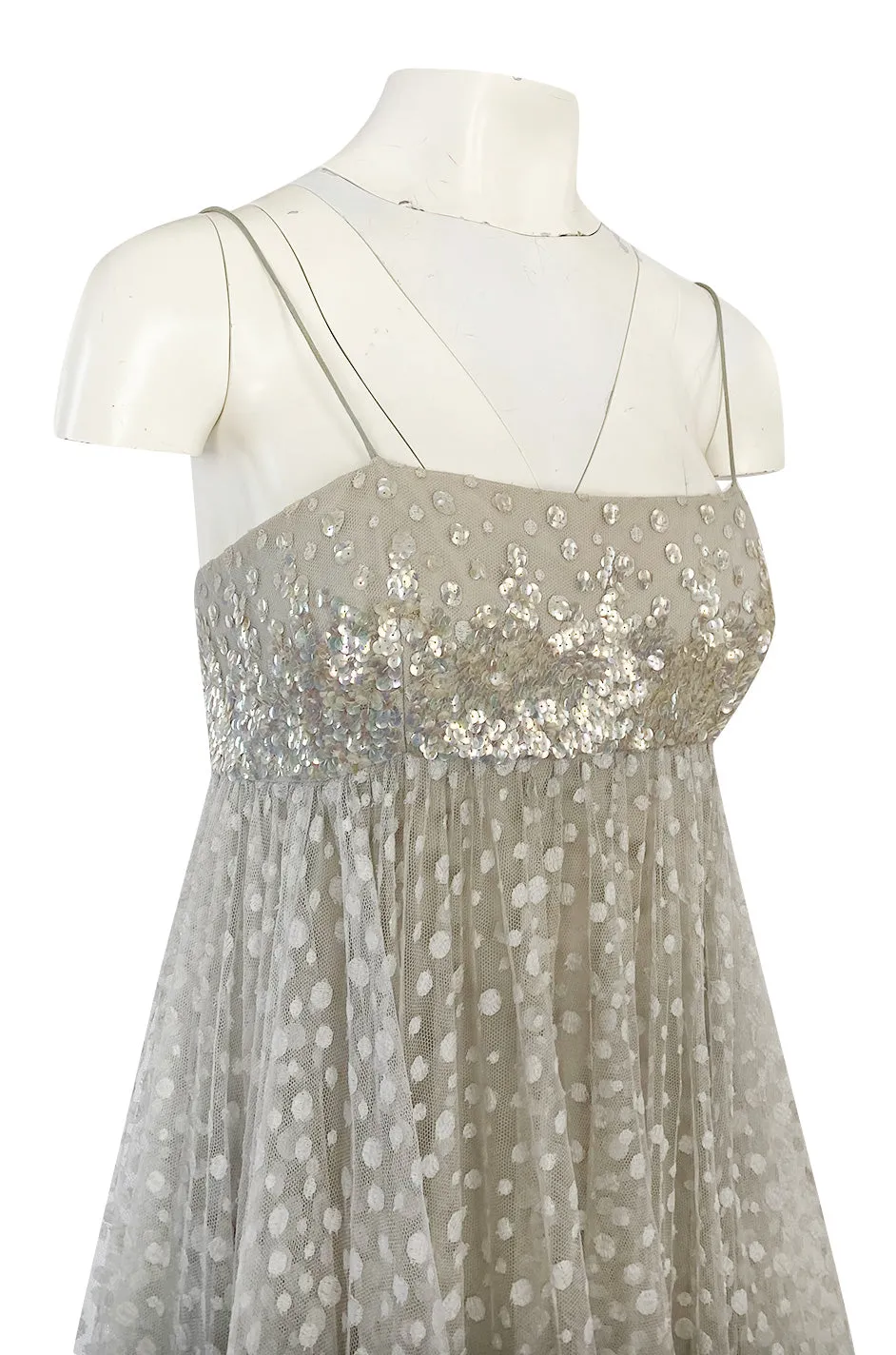 1970s Unlabeled Alfred Bosand Sequin Bodice Dotted Silk Net Dress W Matching Cape Overlay