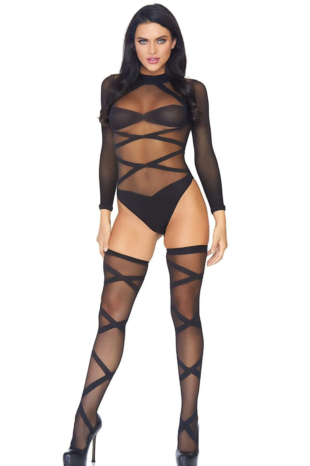 2 Piece Opaque Sheer Criss Cross Body Suit Set