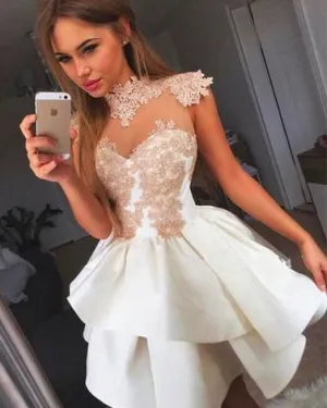 2018 Short Satin Homecoming Dresses High Neck Blush Pink Lace Appliques Prom Party Gowns Cocktail Dress