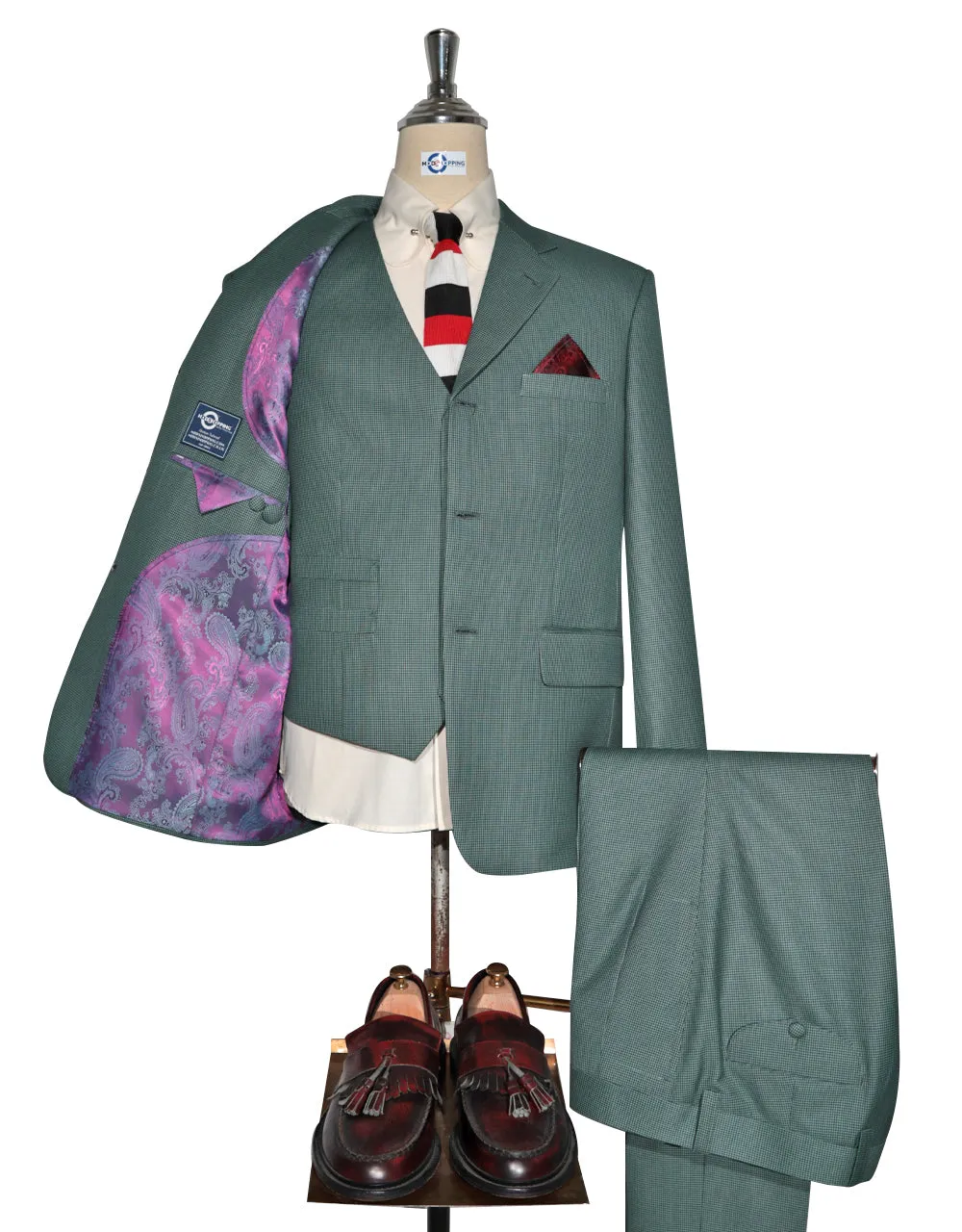 3 Piece Suit - Green and Black Small Houndstooth Suit