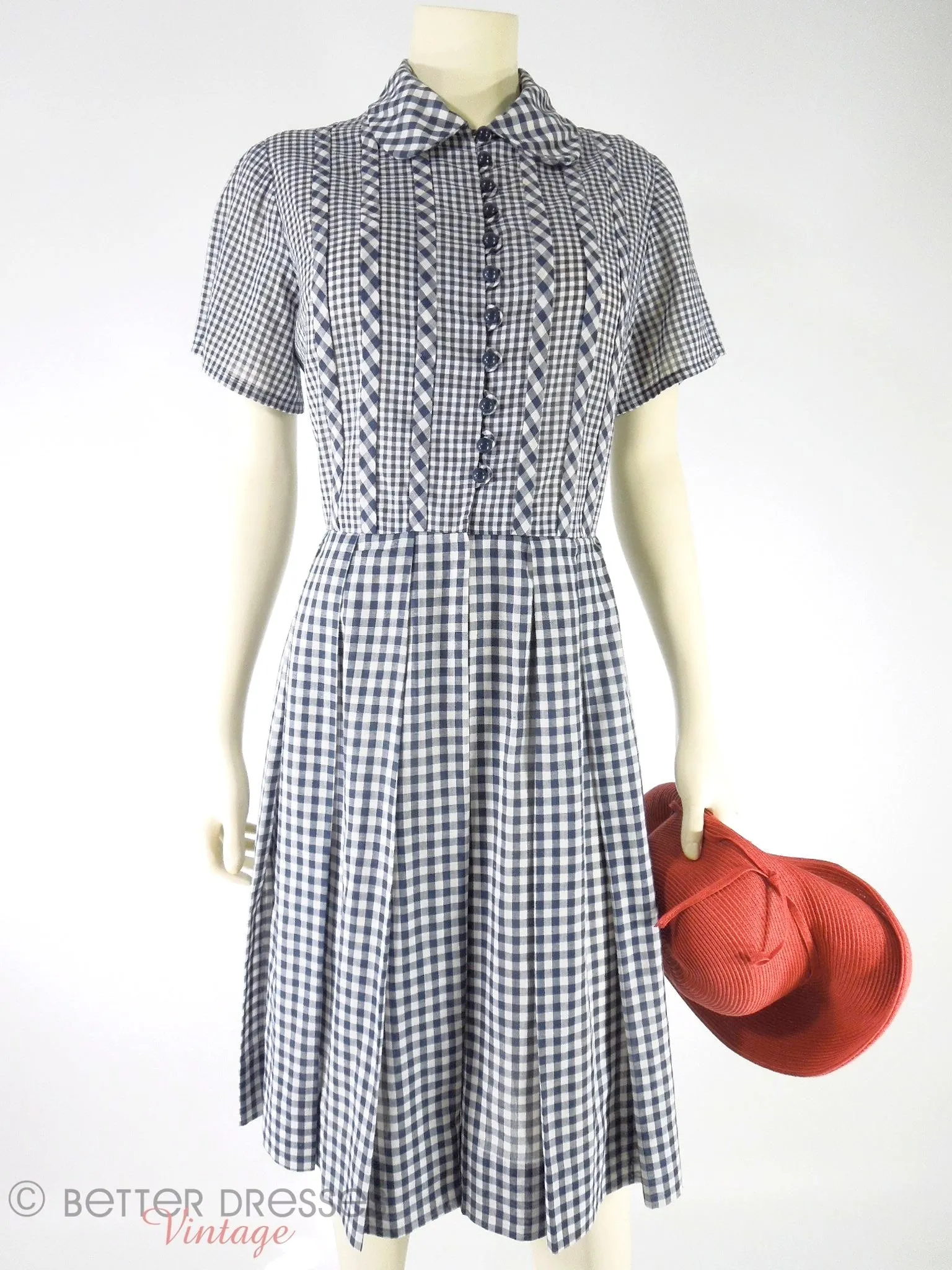 50s/60s Navy Gingham Shirtwaist Day Dress