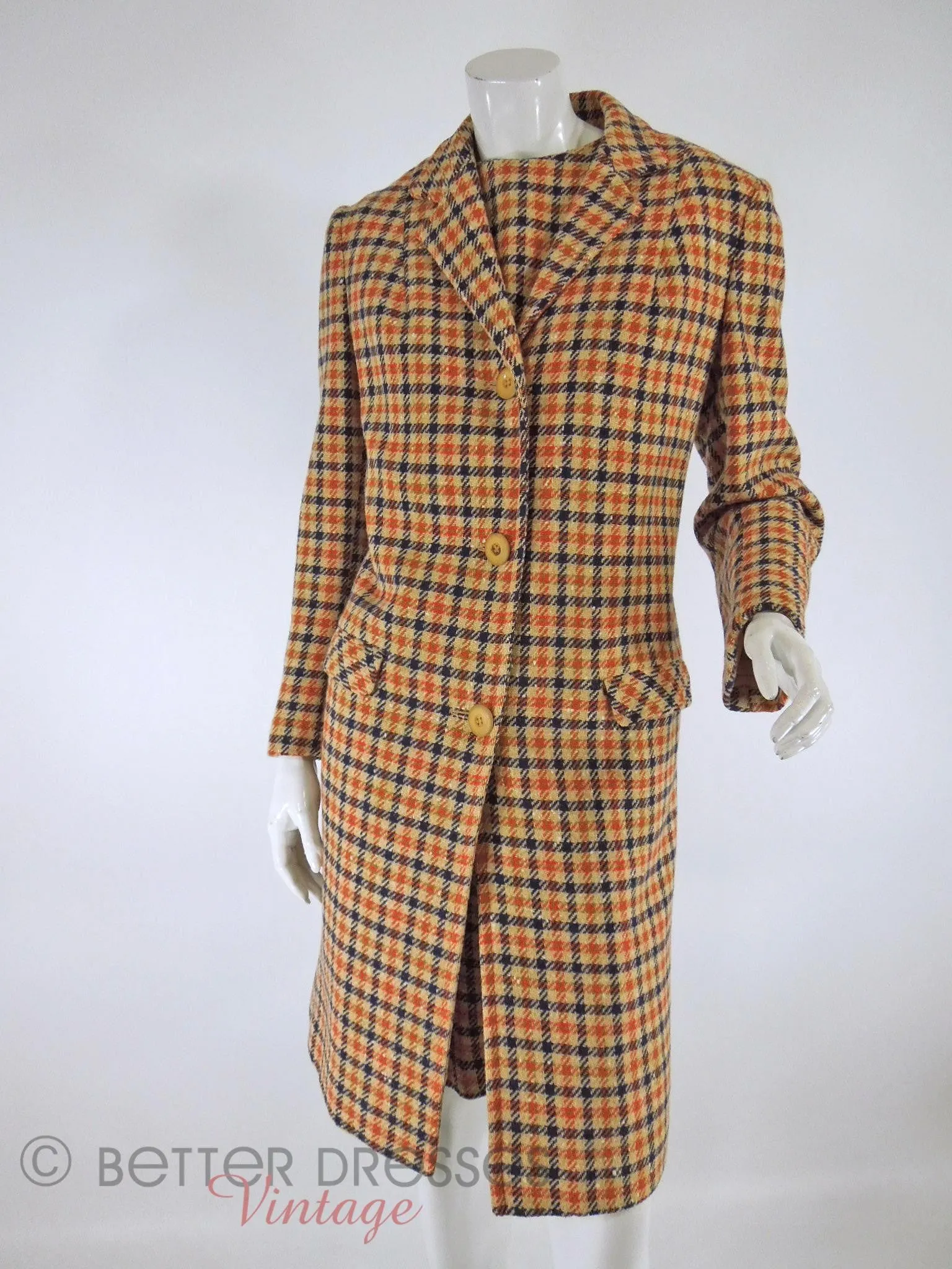 60s Plaid Tweed Dress & Coat Set