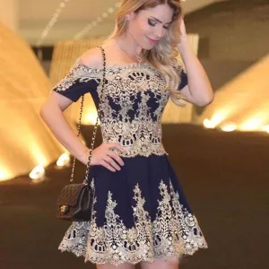 A-Line Off-the-Shoulder Short Sleeves Appliques Navy Blue Homecoming Dresses ,BD0255