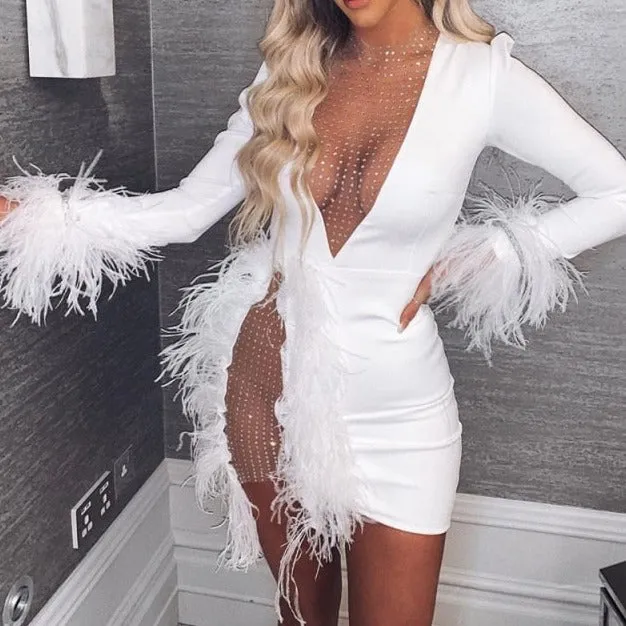Angel See Through Sequin Mesh Deep V White Feather Mini Dress