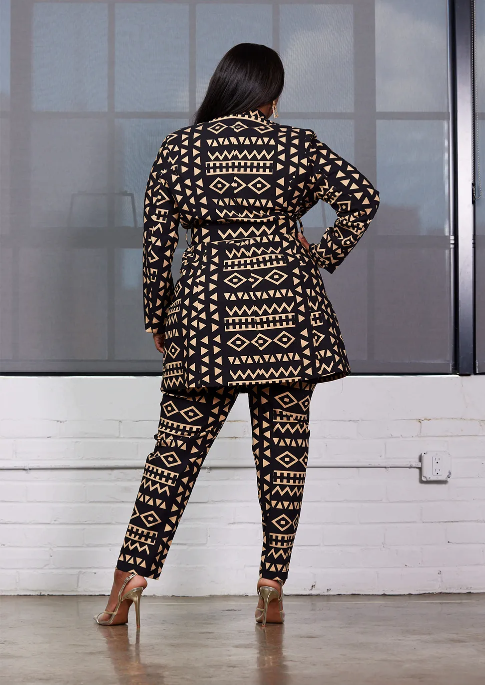 Aniq Women's African Print Stretch Blazer Dress (Tan Black Tribal)