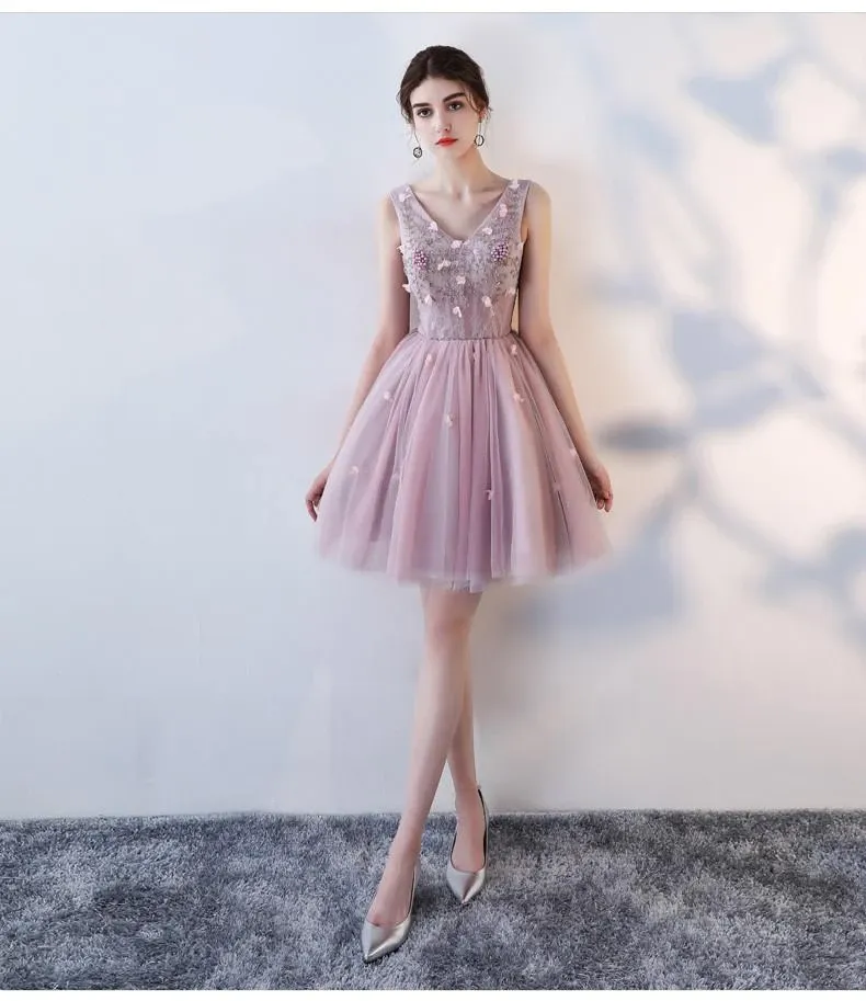 Anneprom Pink A Line V Neck Flowers Short Homecoming Dresses,Mini School Dress APH0064