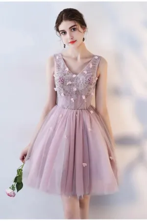 Anneprom Pink A Line V Neck Flowers Short Homecoming Dresses,Mini School Dress APH0064
