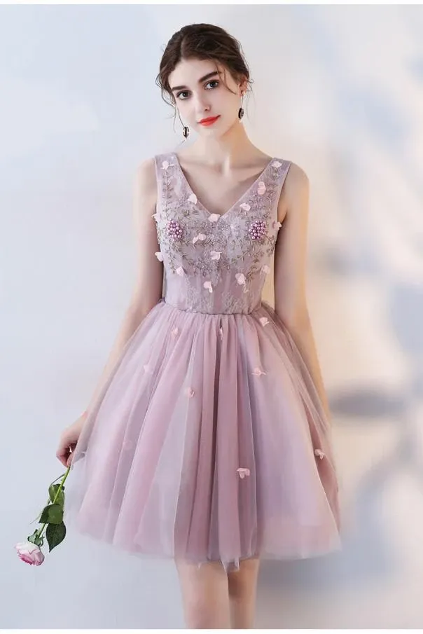 Anneprom Pink A Line V Neck Flowers Short Homecoming Dresses,Mini School Dress APH0064