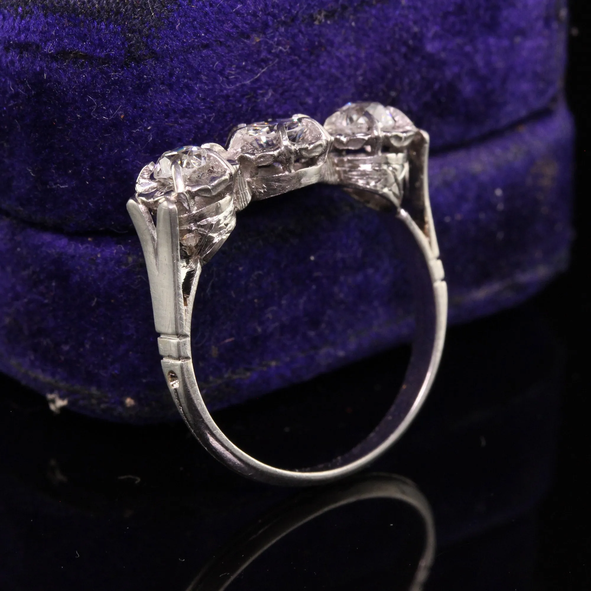 Antique Art Deco Platinum Hallmarked Old Mine Diamond Three Stone Ring
