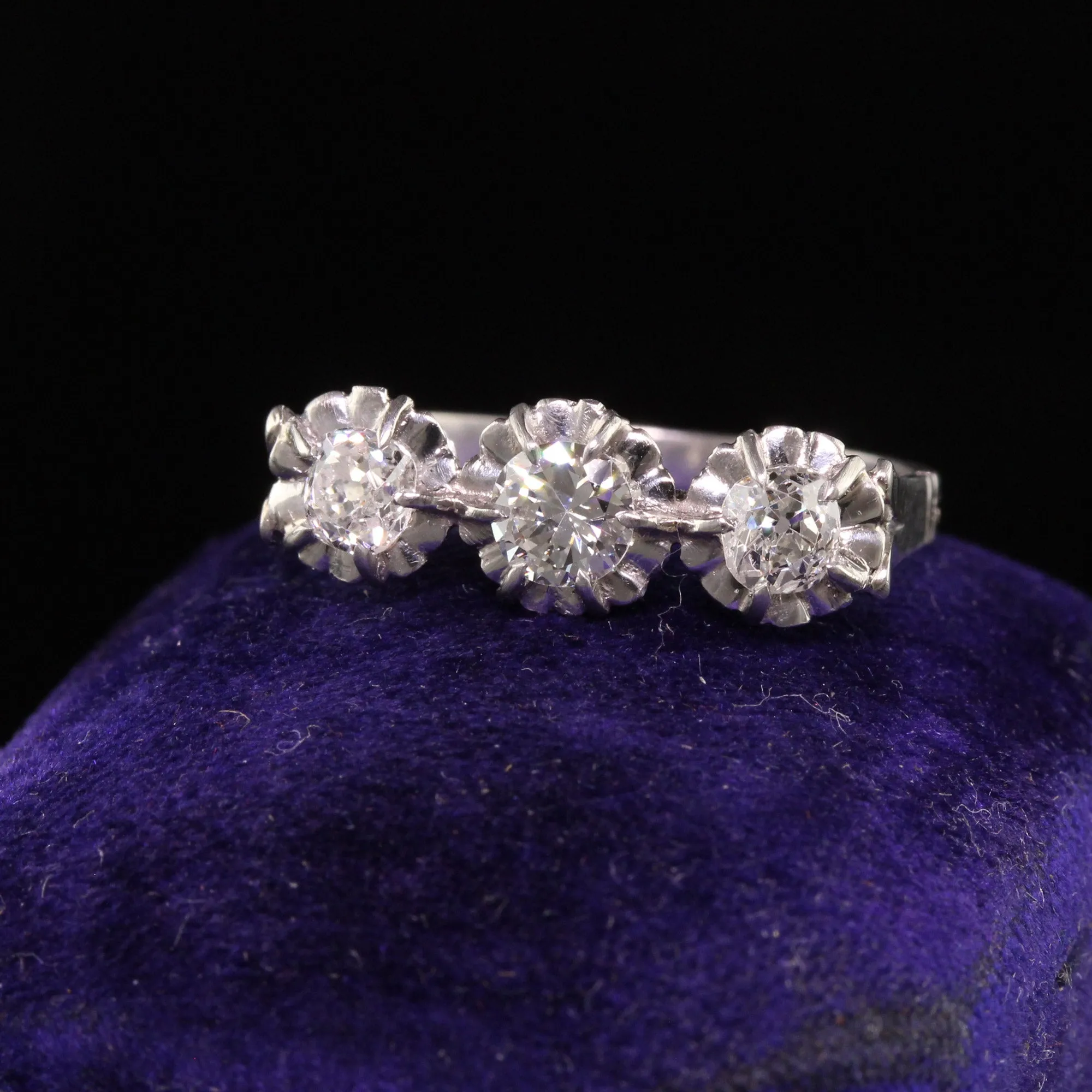 Antique Art Deco Platinum Hallmarked Old Mine Diamond Three Stone Ring