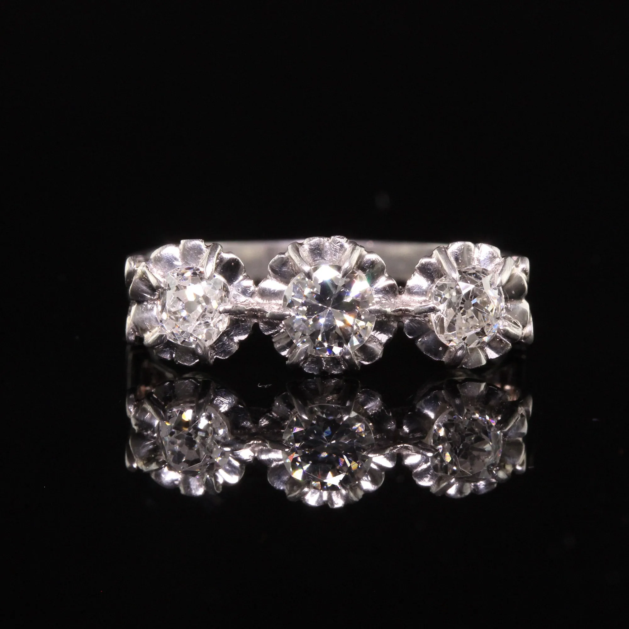 Antique Art Deco Platinum Hallmarked Old Mine Diamond Three Stone Ring
