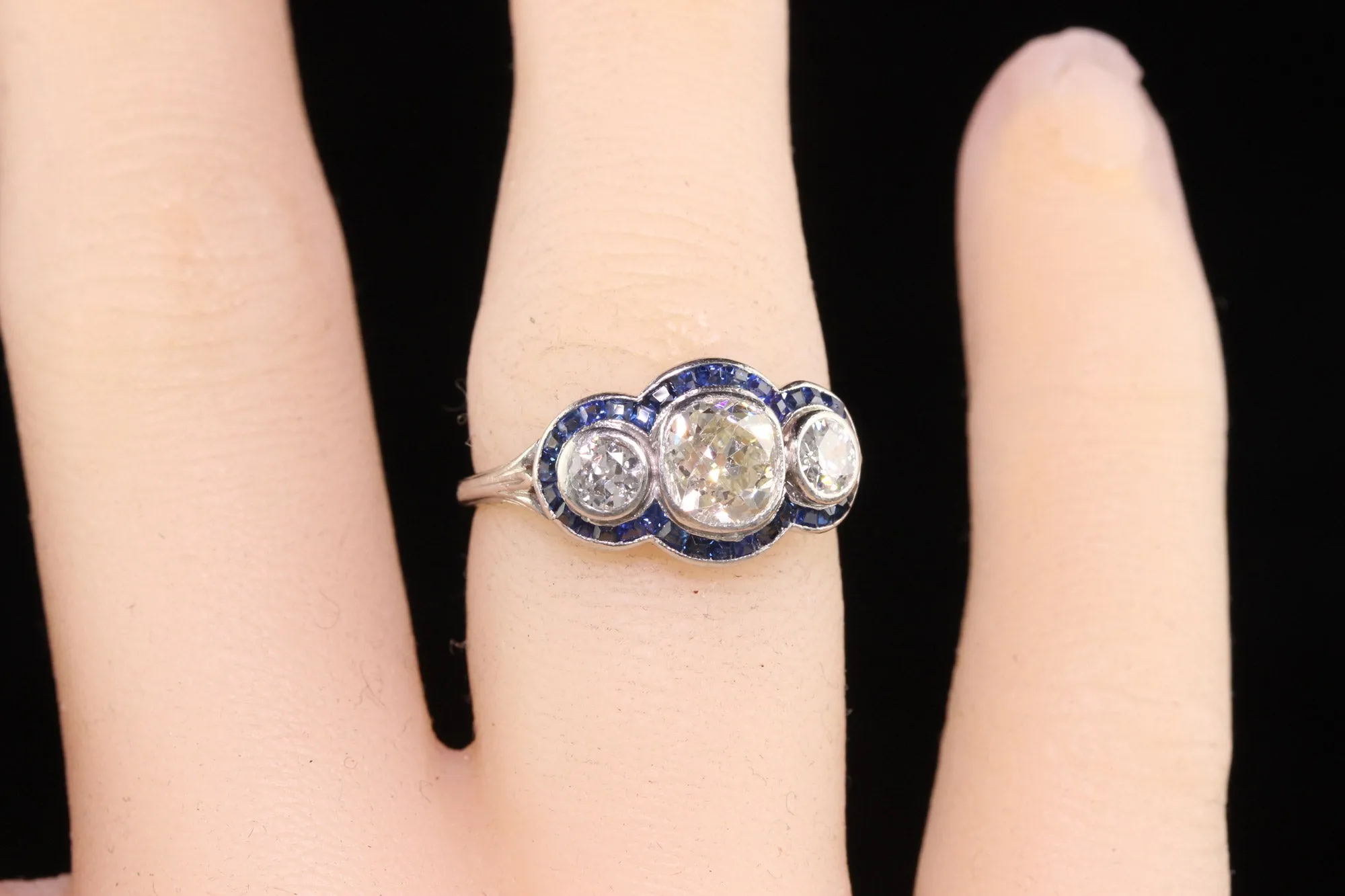 Antique Art Deco Platinum Old Mine Cut Diamond and Sapphire Three Stone Ring