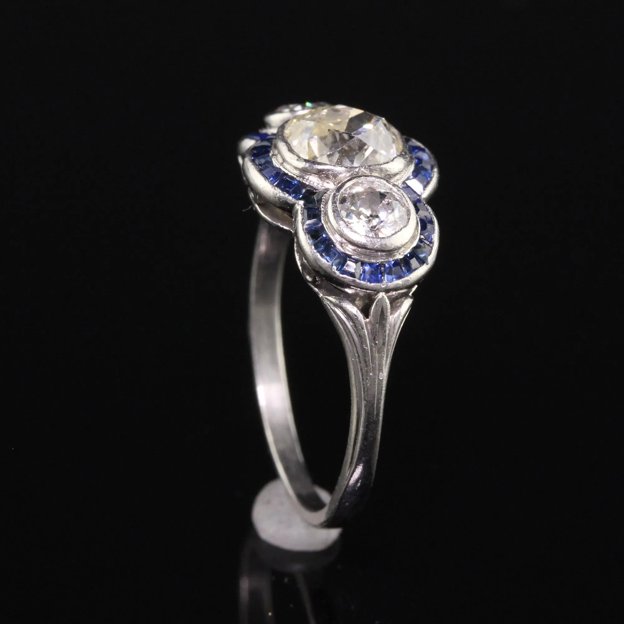 Antique Art Deco Platinum Old Mine Cut Diamond and Sapphire Three Stone Ring