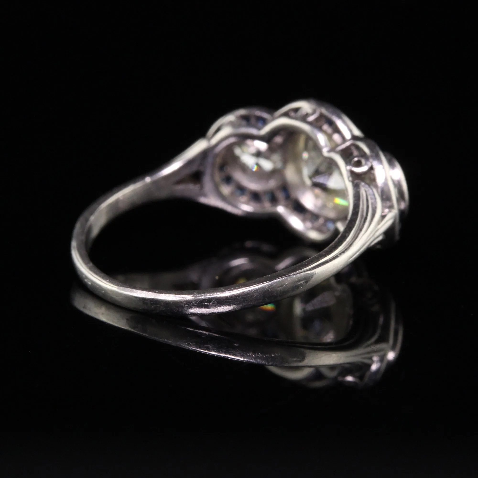 Antique Art Deco Platinum Old Mine Cut Diamond and Sapphire Three Stone Ring
