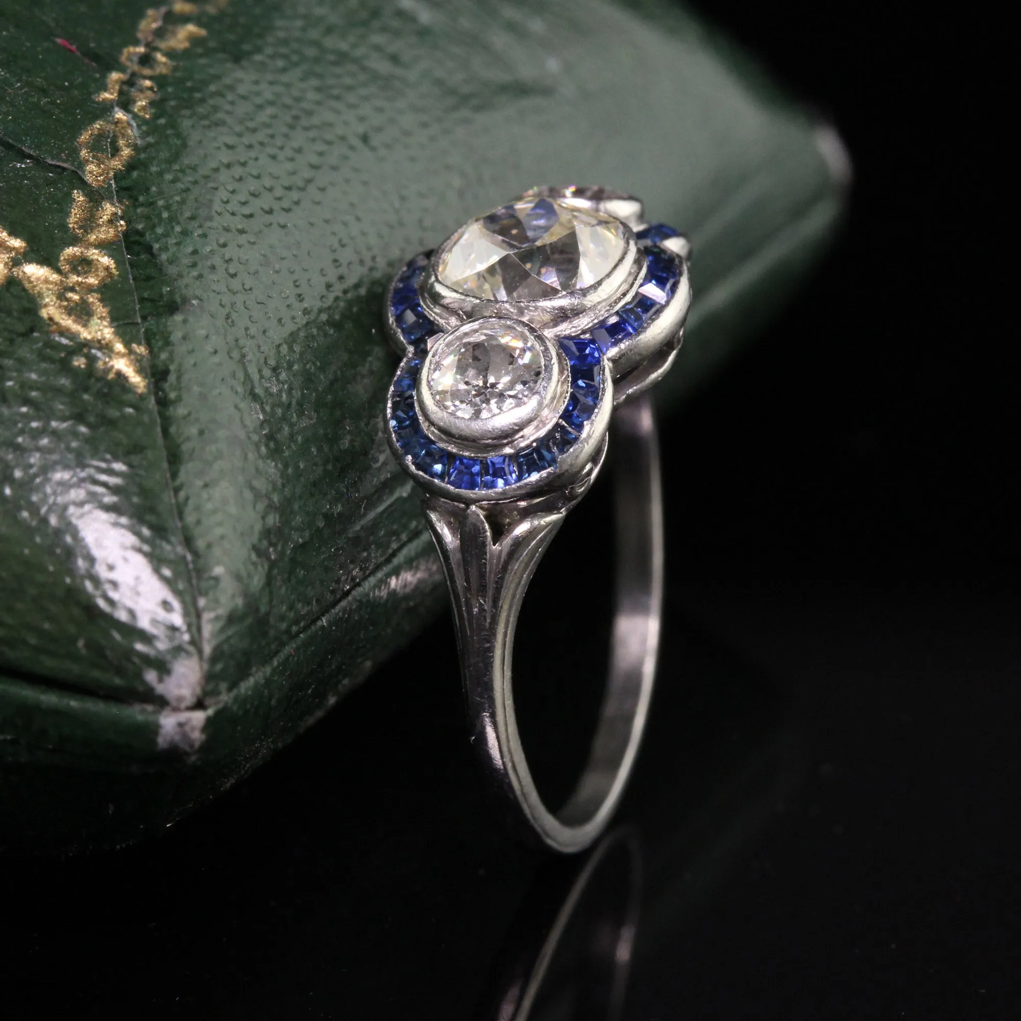 Antique Art Deco Platinum Old Mine Cut Diamond and Sapphire Three Stone Ring