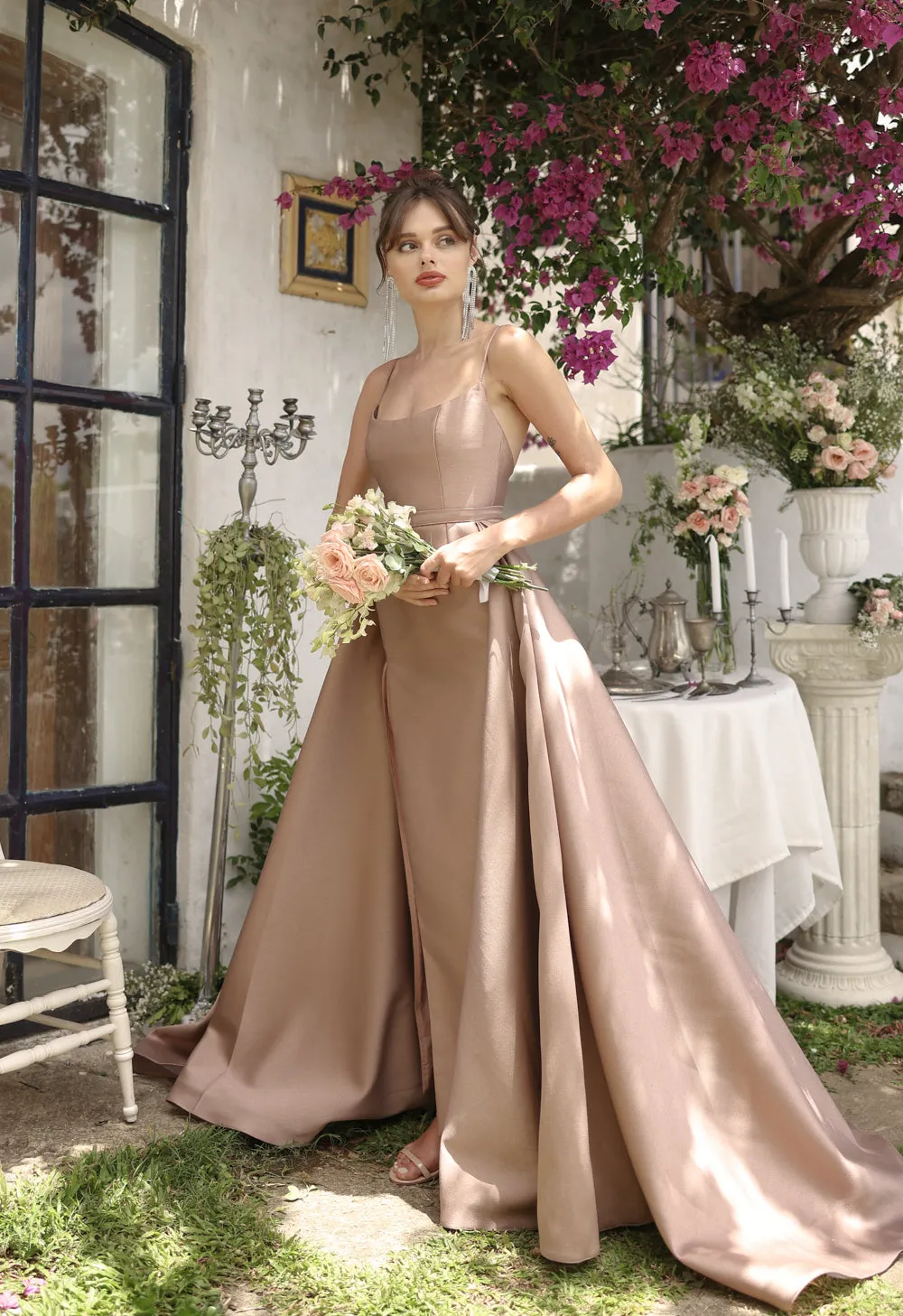 ANTONELLA GOWN Scoop Neckline High Slit Gown with Detachable Ball Skirt (Taupe Gazaar)