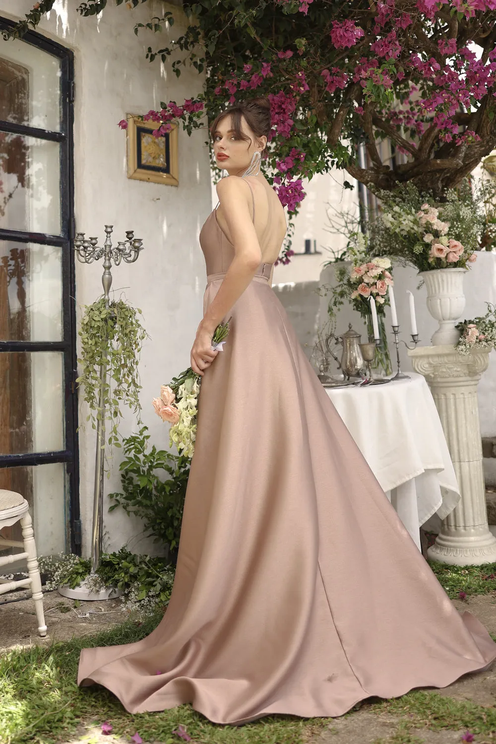 ANTONELLA GOWN Scoop Neckline High Slit Gown with Detachable Ball Skirt (Taupe Gazaar)