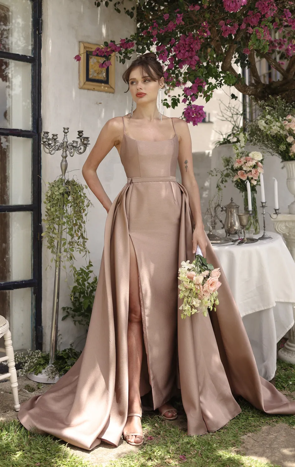 ANTONELLA GOWN Scoop Neckline High Slit Gown with Detachable Ball Skirt (Taupe Gazaar)