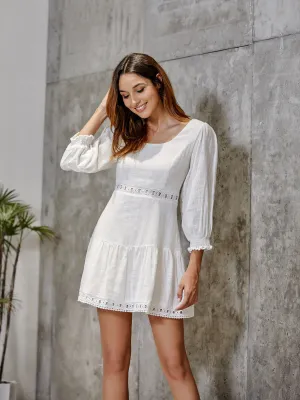 Autumn New Puff Sleeves Collar  Backless Cross Strap Dress Short