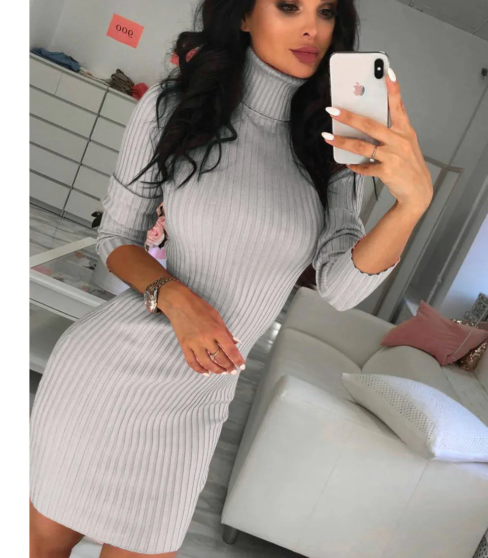 Autumn Women's Sexy High-necked Slim Long Sleeve Hip Dress