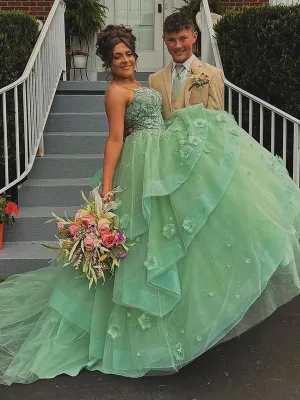 Azurena | Ball Gown Sweetheart Sage Green Tulle Long Prom Dresses with Appliques