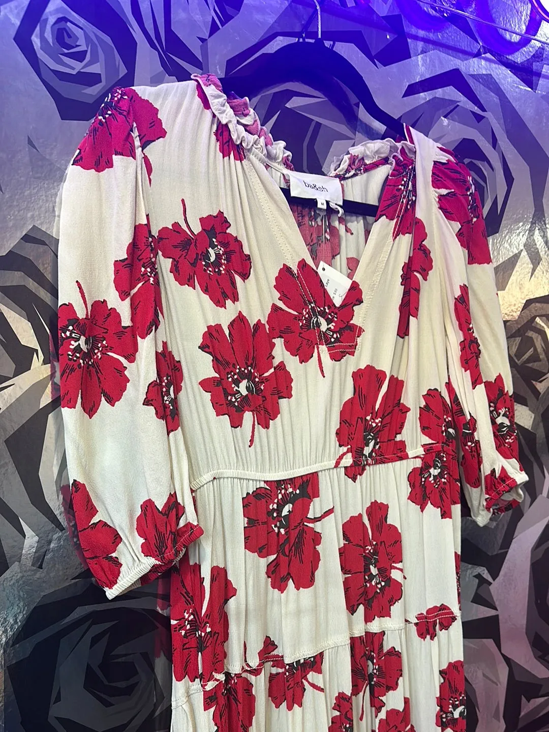 ba&sh Beige Short Sleeve Red Flowers with Layered Dress