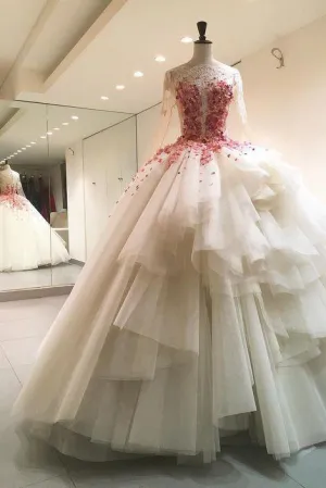 Ball Gown Long Sleeve Prom Dresses Scoop Floor-length Appliques Sleeveless Long Tulle Prom Dress OHC254