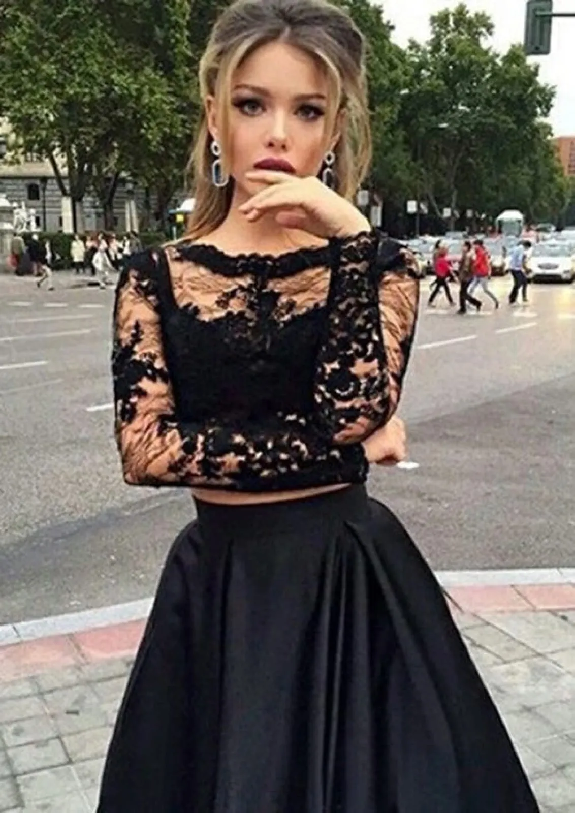 Bateau Crop Tops Long Satin A-Line Skirt 2 Piece Set Black Prom Dress