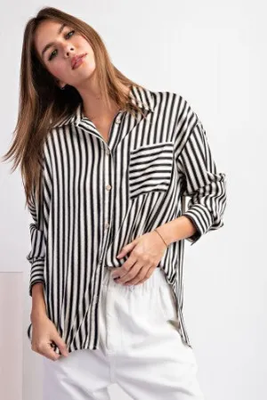Black & White Satin Stripe Button Down Blouse with Pocket