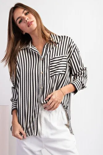 Black & White Satin Stripe Button Down Blouse with Pocket
