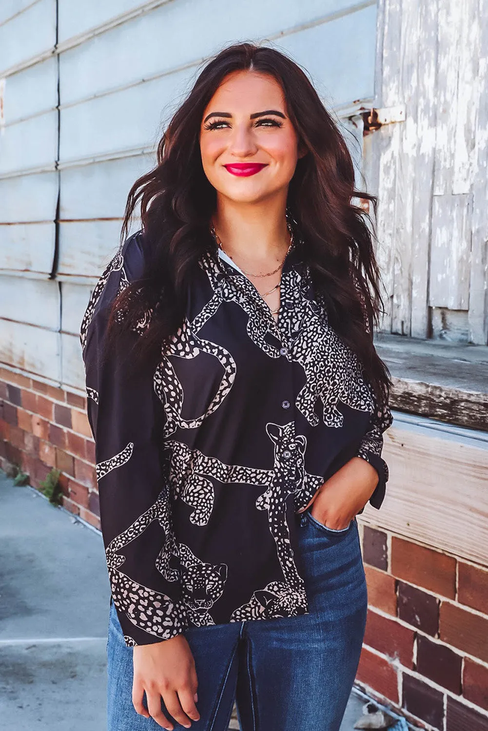 Black Cheetah Print Satin Shirt