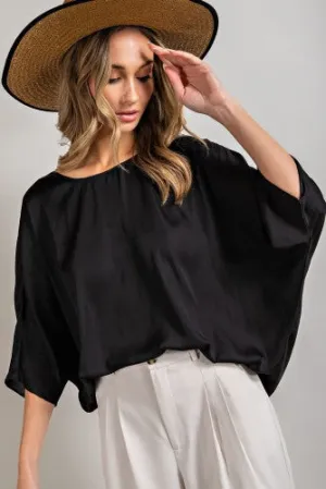Black Flowy Satin 3/4 Sleeve Top