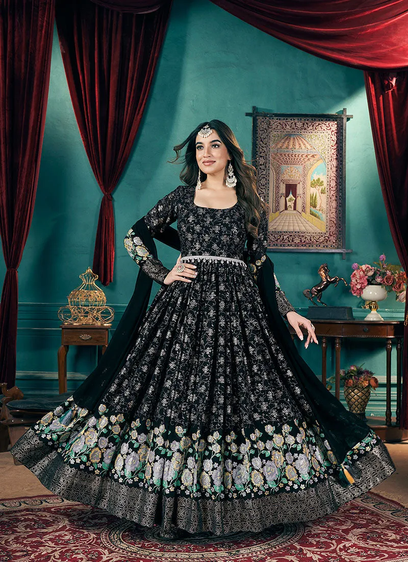 Black Metallic Foil Work Embellished Anarkali Suit