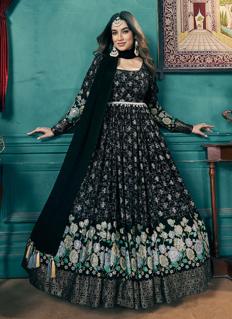 Black Metallic Foil Work Embellished Anarkali Suit