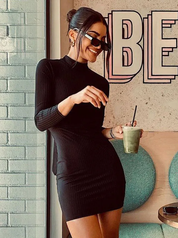 Black Pit Strip Back Strap Skirt Female Autumn Open Back Round Neck Strap with Solid Color