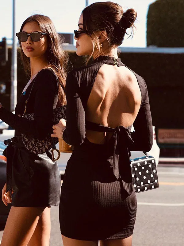 Black Pit Strip Back Strap Skirt Female Autumn Open Back Round Neck Strap with Solid Color