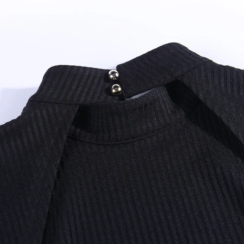 Black Pit Strip Back Strap Skirt Female Autumn Open Back Round Neck Strap with Solid Color