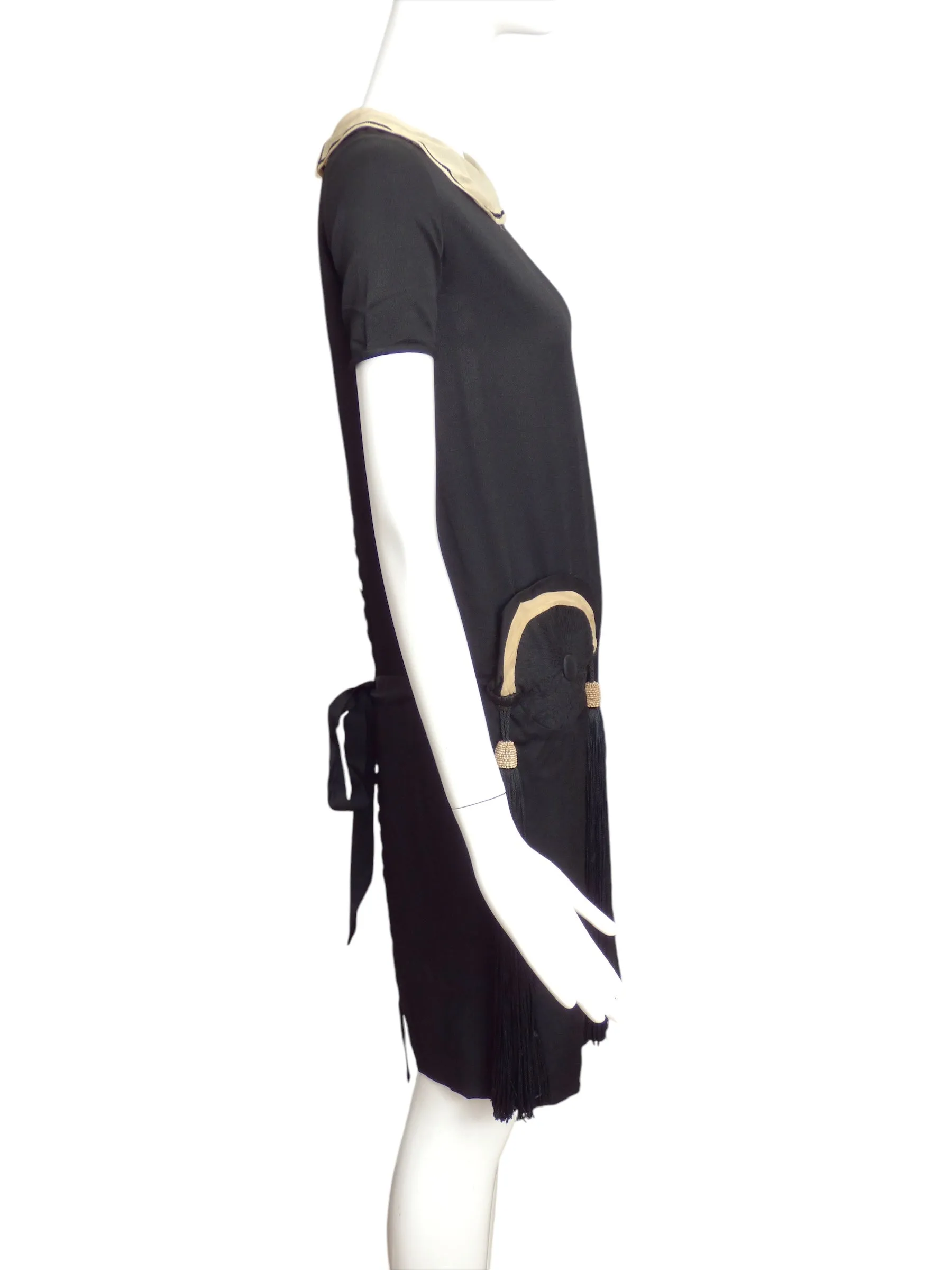 BLANCHE LEBOUVIER- 1920s Black Silk Tassel Dress, Size 2