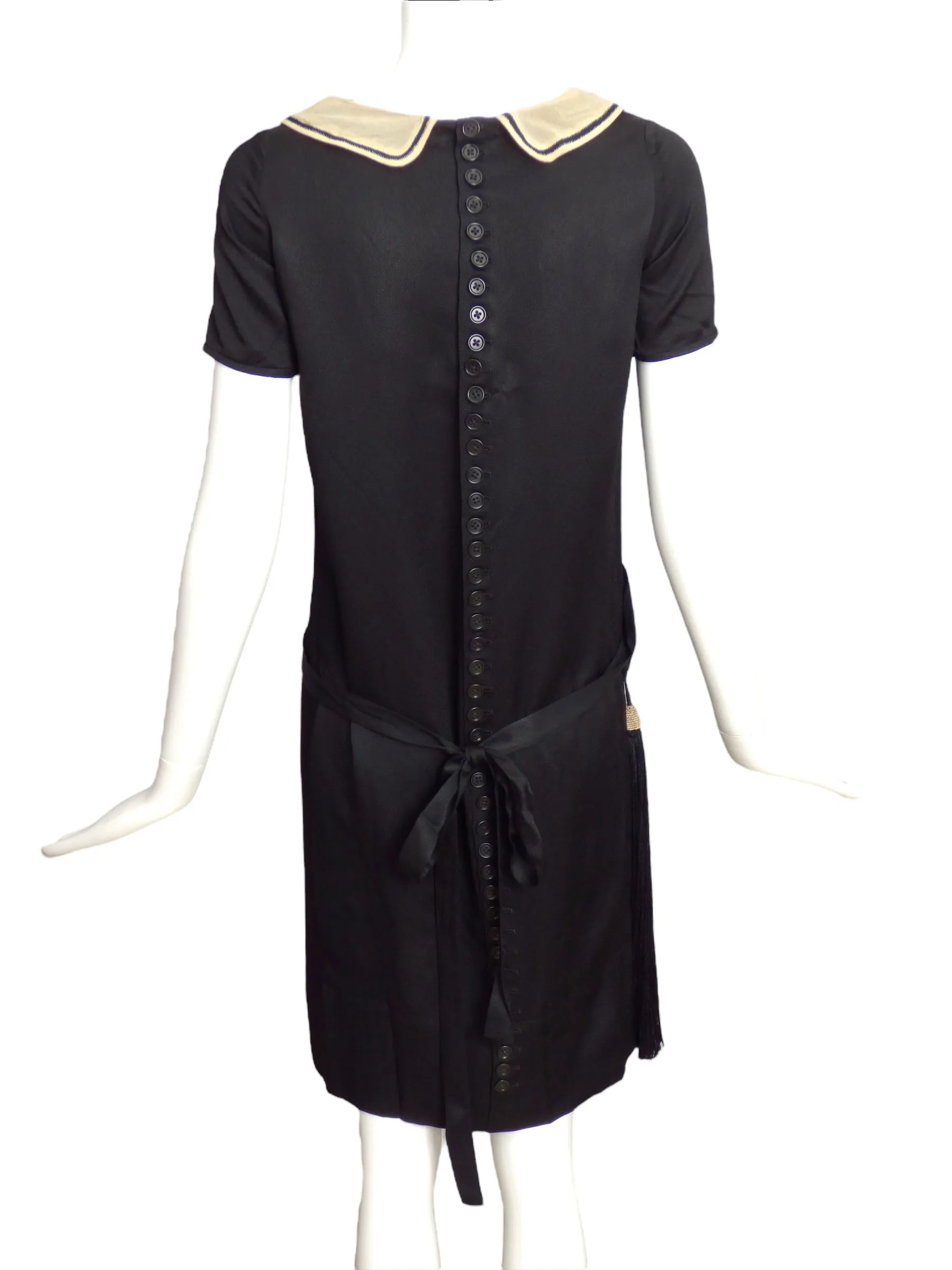 BLANCHE LEBOUVIER- 1920s Black Silk Tassel Dress, Size 2