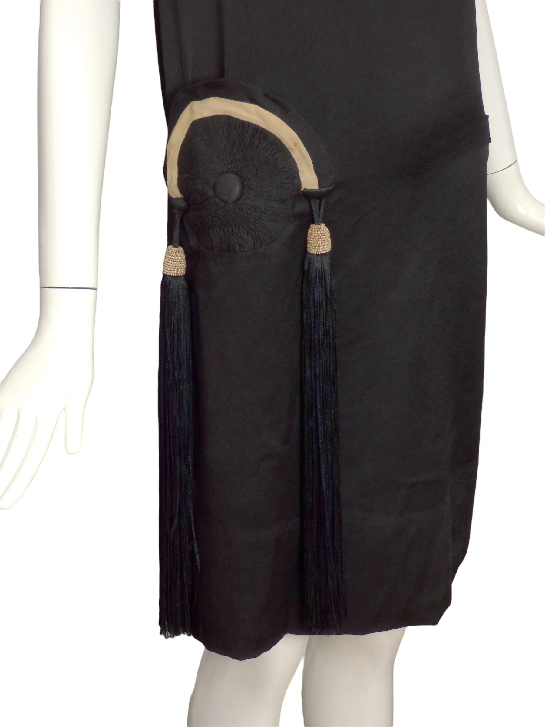 BLANCHE LEBOUVIER- 1920s Black Silk Tassel Dress, Size 2