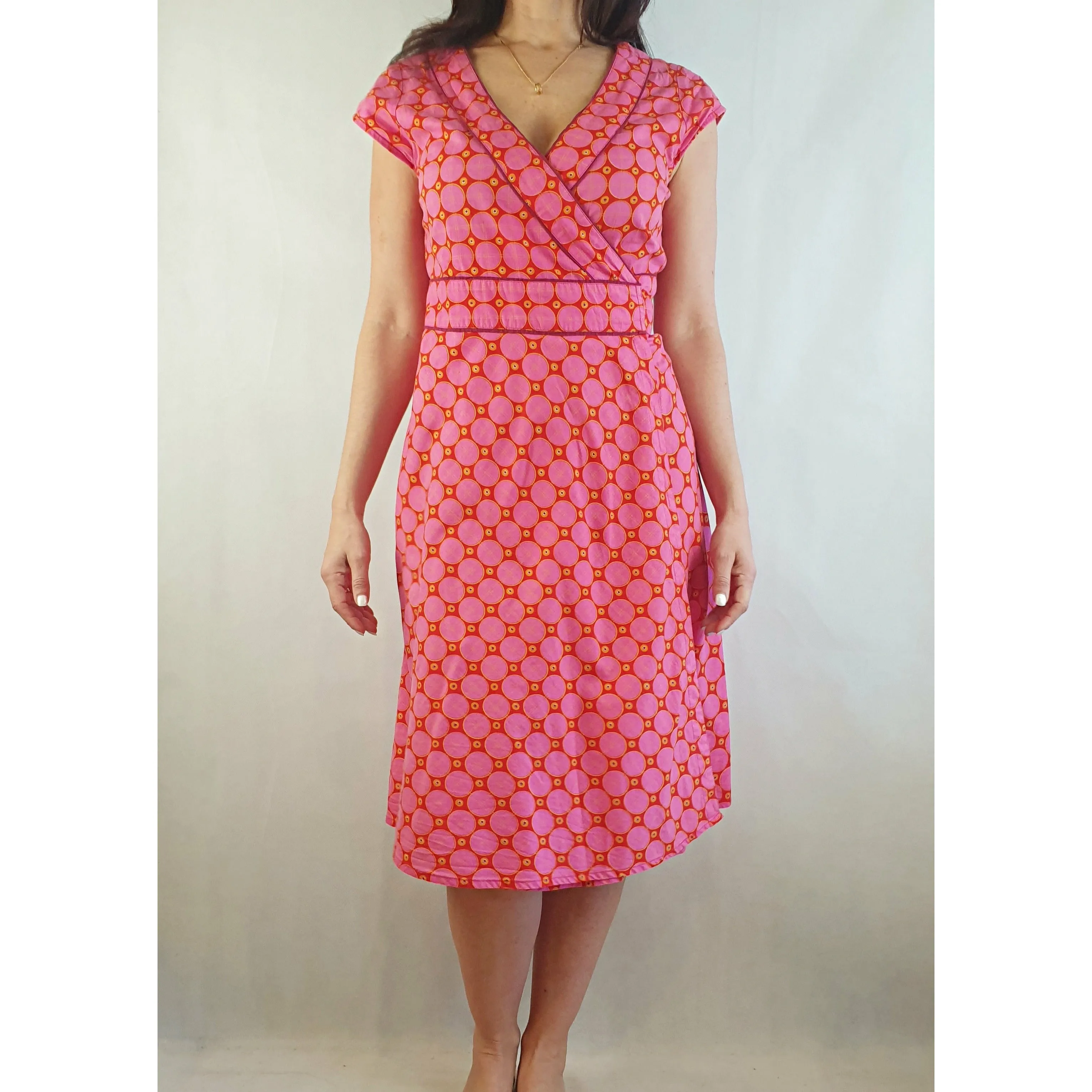 Boom Shankar pre-owned pink print wrap dress with cap sleeves size 12