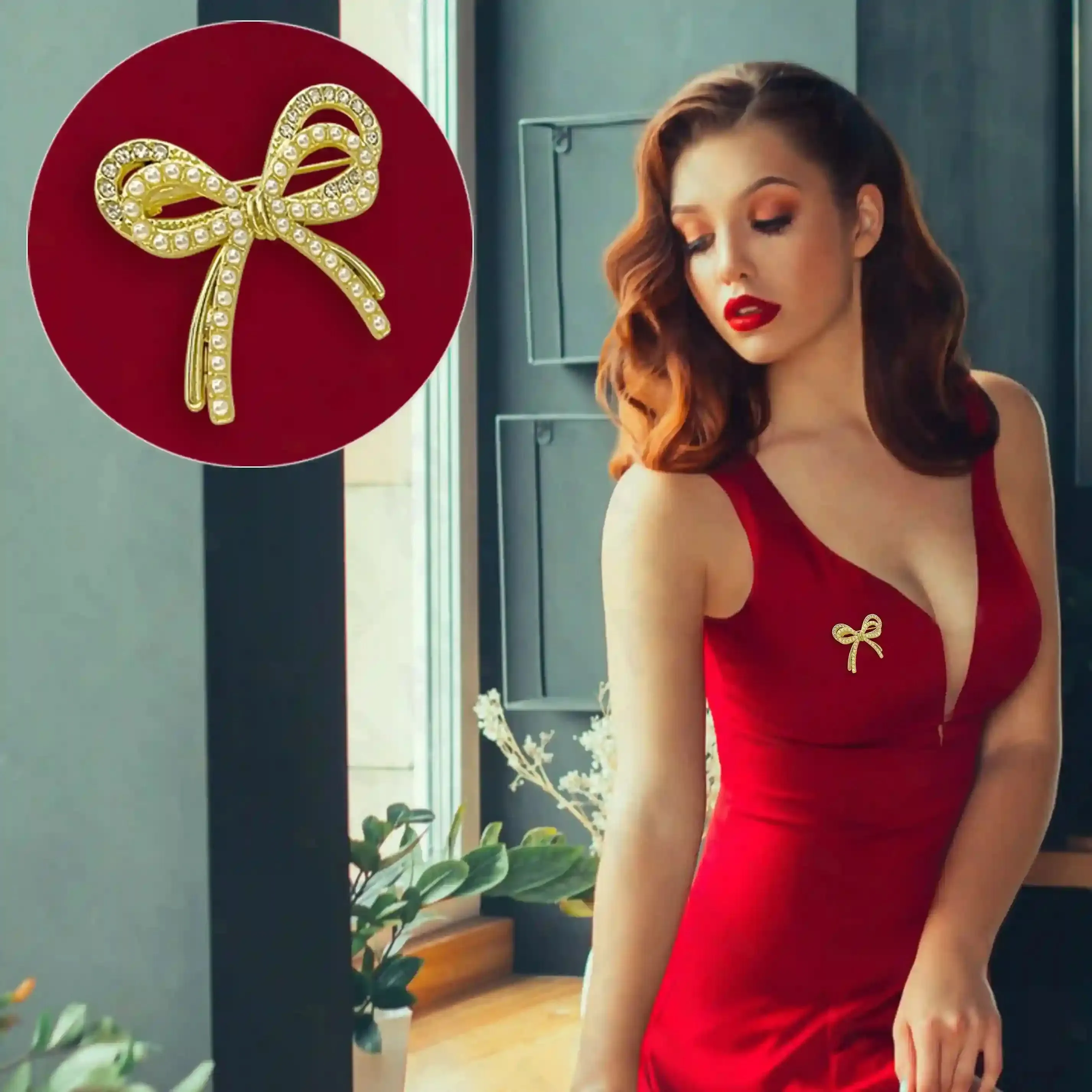 Bow Pearl Rhinestone Brooch for Women's Fashion